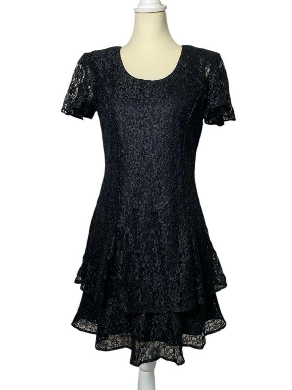 Black Lace Midi Dress with Layered Hem